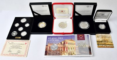 Lot 843 - Five silver-proof coins, comprising 2018 UK £5,...