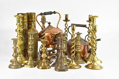 Lot 1175 - A collection of brass and copperware,...