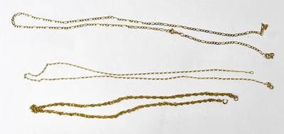 Lot 1103 - Three 9ct yellow gold chain necklaces,...