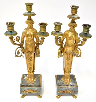 Lot 668 - A pair of French Empire style gilt metal three-...