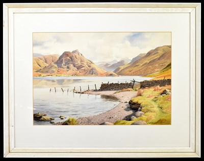 Lot 1423 - GEOFFREY H POOLEY (1908-2006); watercolour, river scene with mountains