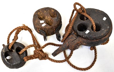 Lot 531 - Three wooden deadeye tackle blocks with later...