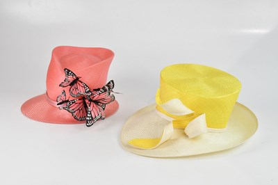 Lot 83 - PHILIP TREACY; a coral pink straw brimmed hat,...