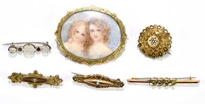 Lot 1436 - A group of six yellow metal framed brooches,...