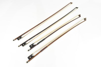 Lot 1345 - Two nickel mounted violin bows, a cello bow...