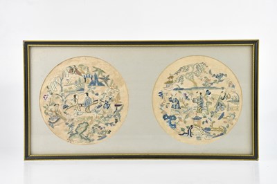 Lot 1583 - A pair of Chinese circular silk panels...