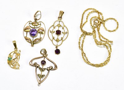 Lot 1392 - Three Edwardian 9ct gold gem set pendants,...