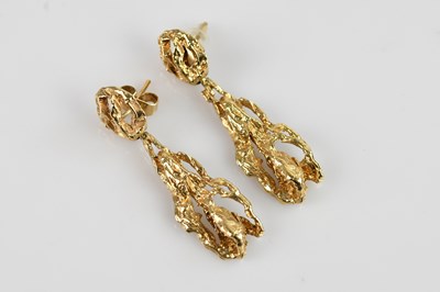 Lot 1387 - A pair of 9ct yellow gold textured drop...