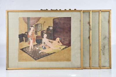 Lot 1586 - Four 20th century Chinese erotic silk panels,...