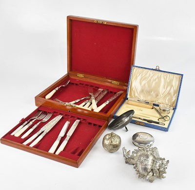 Lot 1453 - A hallmarked silver mounted manicure set, a...