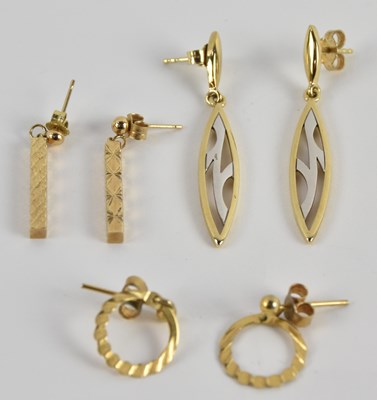 Lot 1431 - Three pairs of 9ct gold drop earrings,...