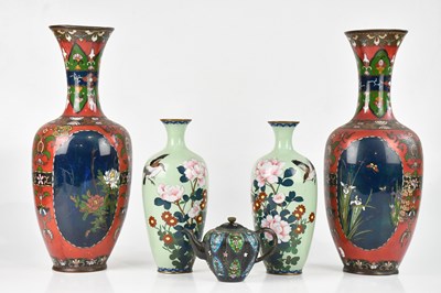 Lot 1439 - A large pair of Japanese cloisonné vases with...