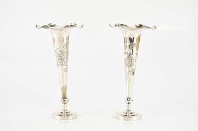 Lot 1607 - A pair of Chinese silver plated posy vases...