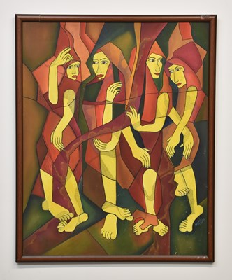 Lot 16 - CHIRAL; oil on board, four abstract figures,...
