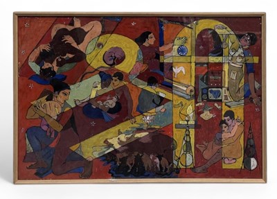 Lot 55 - P. C. RANE; oil on paper, abstract figural...