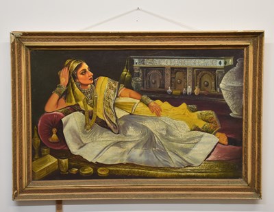 Lot 274 - PRITAM THAKUR; oil on canvas, 'Reclining Lady',...
