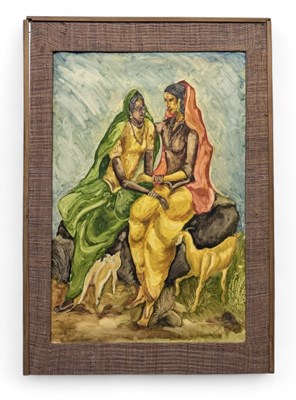 Lot 75 - UNATTRIBUTED; an acrylic on paper, two females...