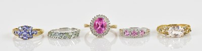 Lot 2485 - Five 9ct yellow gold dress rings, including a...