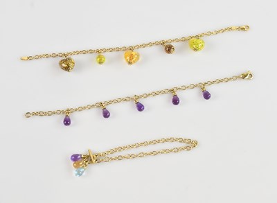Lot 1240 - Three 9ct yellow gold bracelets, each set with...