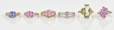 Lot 2402 - Six 9ct white and yellow gold dress rings,...