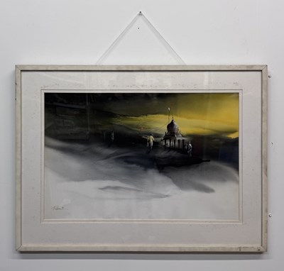Lot 50 - BIKASH PODDAR; watercolour, 'Temple', signed...