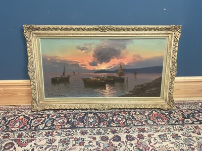 Lot 1592 - Continental oil on canvas river scene at dusk,...
