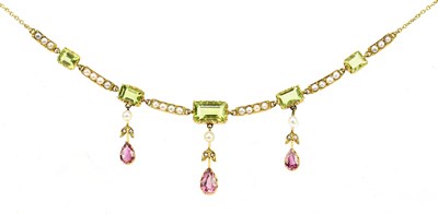 Lot 1362 - An Edwardian yellow metal seed pearl green...