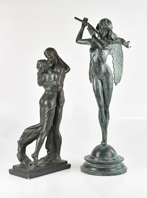 Lot 2403 - A bronze figure of a nude angel playing a...