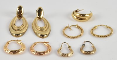 Lot 1429 - Four pairs of 9ct yellow gold earrings, mostly...