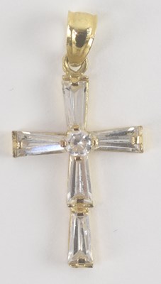 Lot 1423 - A 9ct yellow gold cross with white stone...