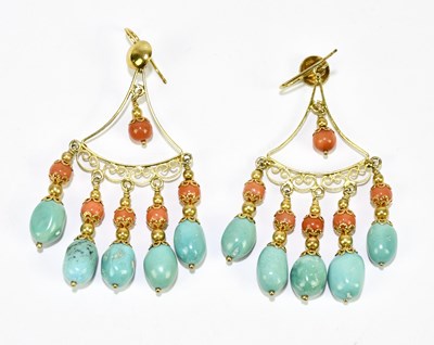 Lot 1507 - A pair of Italian yellow metal turquoise and...