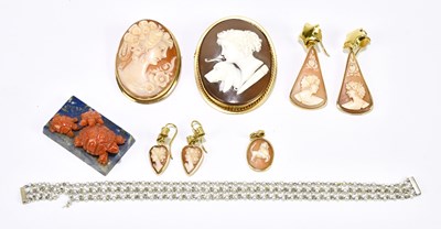 Lot 1460 - A yellow metal framed cameo brooch stamped...