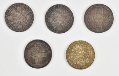 Lot 1536 - Five silver 6d coins, comprising William III...