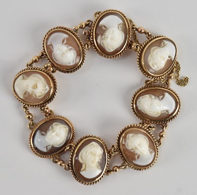 Lot 1450 - A 9ct rose gold cameo bracelet comprising...
