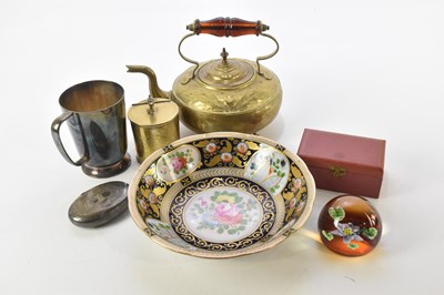 Lot 2237 - A brass teapot, an electroplated tankard and...