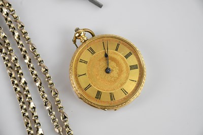 Lot 398 - A yellow metal key wind open faced fob watch,...
