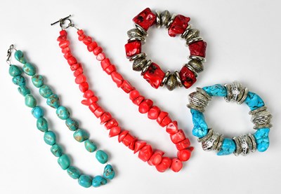 Lot 714 - A five-strand turquoise-style beaded necklace...