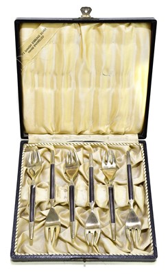 Lot 1240 - A cased set of six Danish sterling silver and...