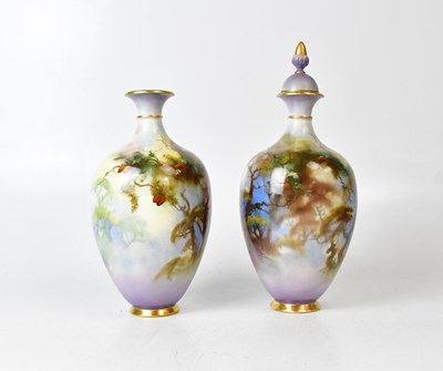 Lot 115 - ROYAL WORCESTER; a pair of lidded vases of...