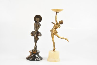 Lot 2405 - An Art Deco spelter figure on alabaster base...