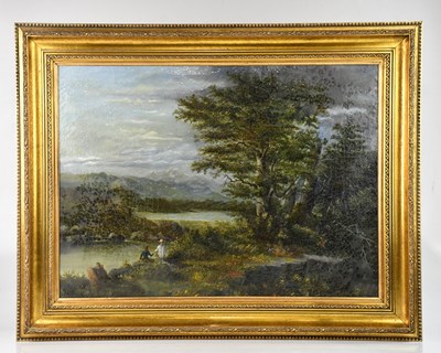 Lot 1455 - A GËRIN; oil on canvas, river scene with two...