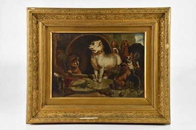 Lot 1451 - J HANKS; oil on canvas, dogs in kennel, signed...
