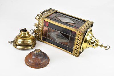 Lot 2329 - A brass and coloured glass Victorian rise and...
