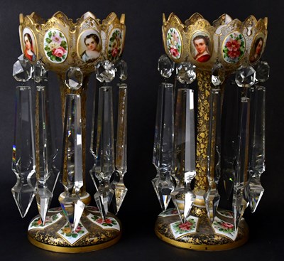 Lot 222 - A pair of Victorian glass lustres with painted...