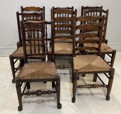 Lot 2052 - Eight oak rush seated chairs, with ladder and...