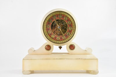 Lot 2184 - An alabaster mantel clock, with gilt and red...