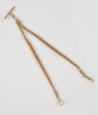 Lot 445 - A 9ct rose gold Albert chain, with 9ct T bar,...