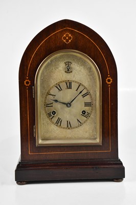 Lot 2181 - An Edwardian mahogany and inlaid mantel clock,...