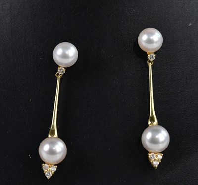 Lot 1434 - A pair of yellow metal diamond and pearl drop...
