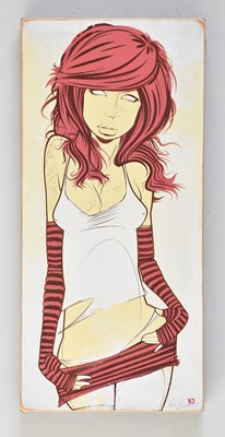 Lot 1738 - CHARLIE OWENS; print on wood, abstract of girl...